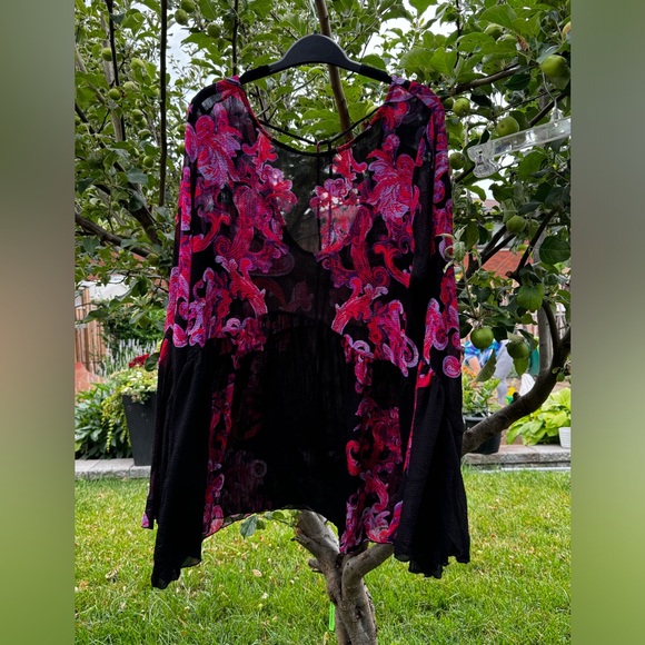 FREE PEOPLE Printed Symphony Black & Purple Long Sleeve Printed Slip Dress, Sz L - Picture 13 of 15